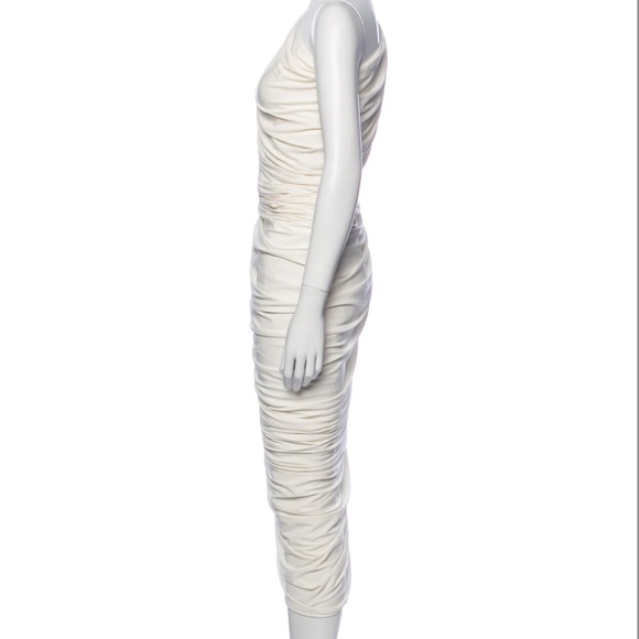 Norma Kamali Diana One-Shoulder Ruched Mesh Midi Dress White Small - Picture 3 of 4